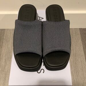 AEROSOLES Navy Blue Fabric Slide Sandals with Black Footbed